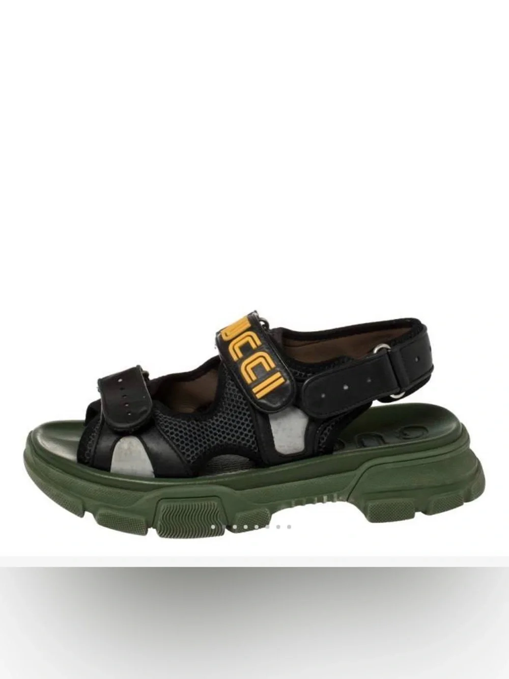 Gucci x Sega Aguru Black, Olive Green & Yellow Mesh Logo Platform Sandal